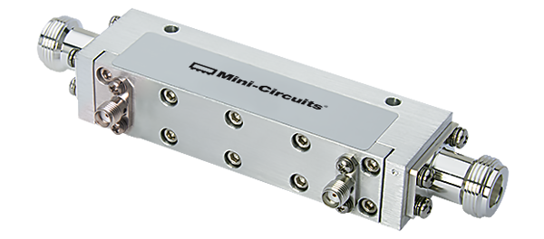 Photo of the Mini-Circuits ZGBDC35-93HP+ bi-directional coupler, a silver machined metal housing with two N-type mainline connectors on each end and two SMA coupled-port connectors on the side.