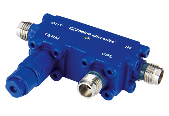 Photo of the Mini-Circuits ZCDC20-E18653+ directional coupler, a blue coaxial device with four labeled ports: IN, OUT, CPL (coupled), and TERM (terminated with a built-on epoxied terminator).