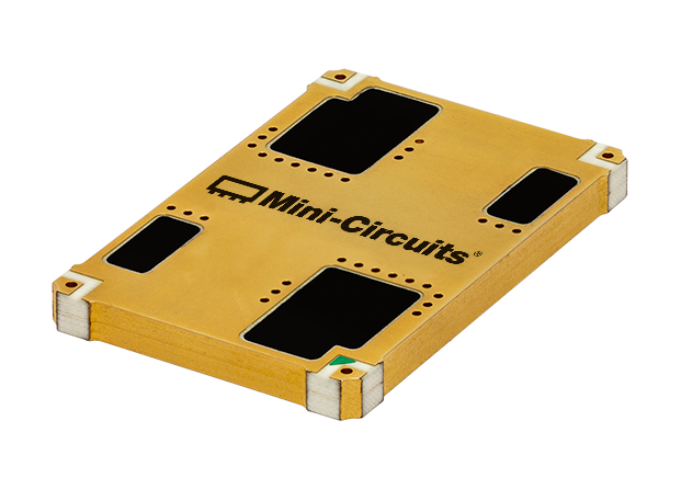 Photo of the Mini-Circuits DDCH-50-13+ stripline-based surface-mount dual directional coupler, a compact gold-plated package with castellated edge-mount pads and a green orientation marker.